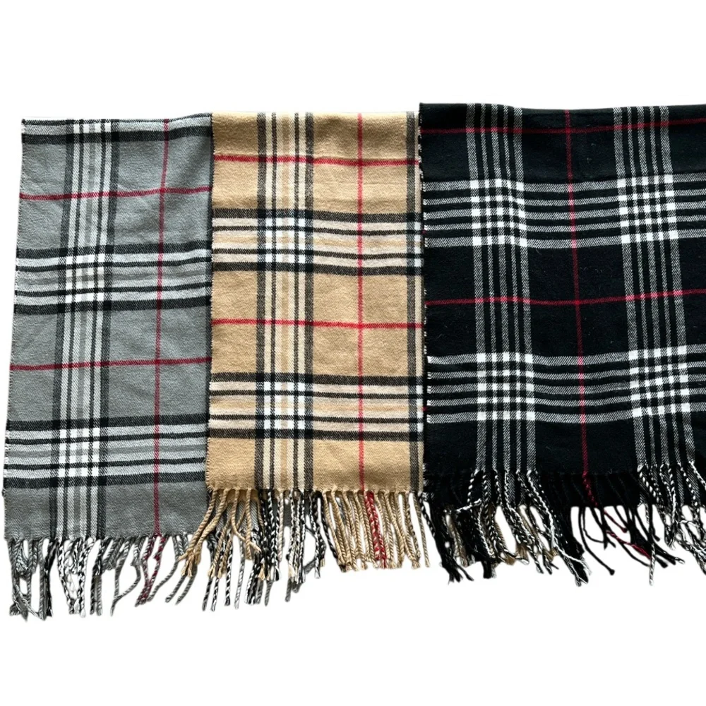 Plaid Scarf Set of 3 Cashmere Blend Fringe Winter Wrap Unisex‎